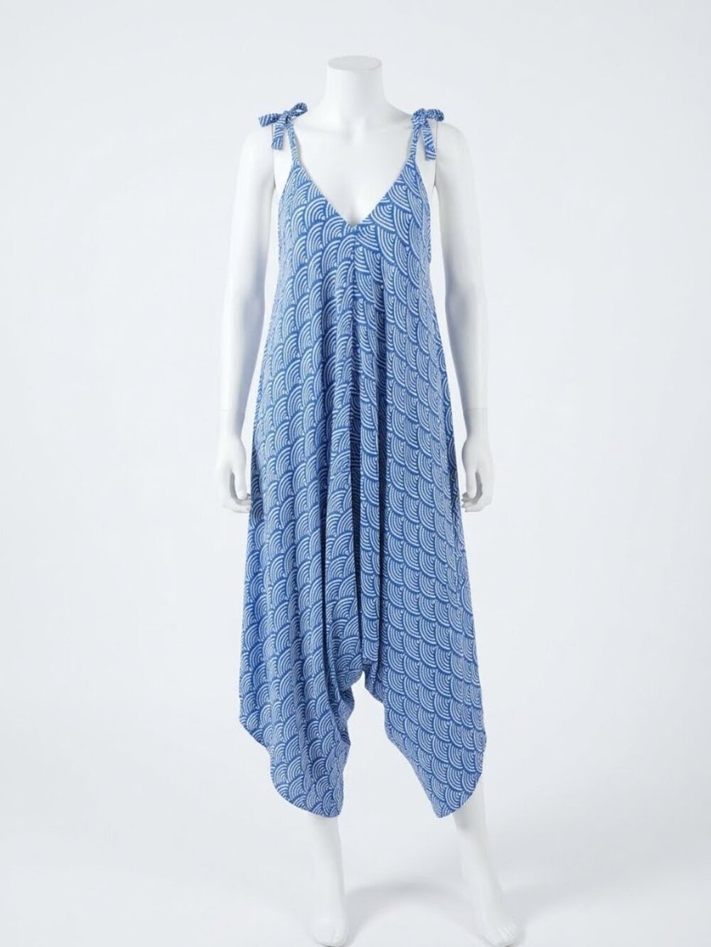 Girl Fish Tie Shoulder Blue/White Wave Pattern‎ Harem Legs Jumpsuit S-L